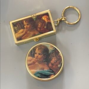 Gold Tone Angel Cherub Keychain & Round Matching Pillbox Set- 2 Pieces